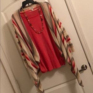 Cream Cardigan Red Coral Tan 3/4 Sleeve Assymetric